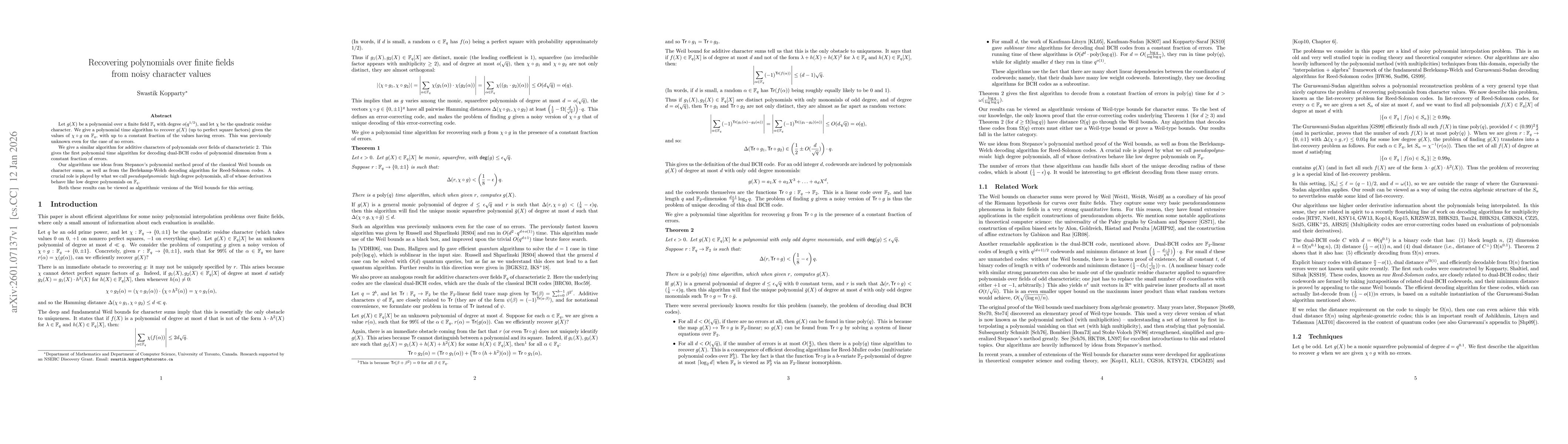 Thumbnail for Recovering polynomials over finite fields from noisy character values
