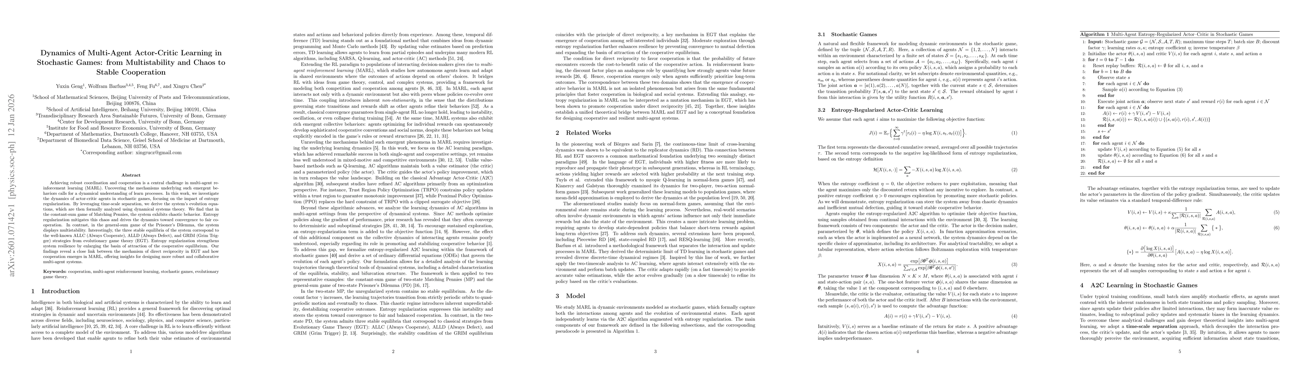 Thumbnail for Dynamics of Multi-Agent Actor-Critic Learning in Stochastic Games: from Multistability and Chaos to Stable Cooperation