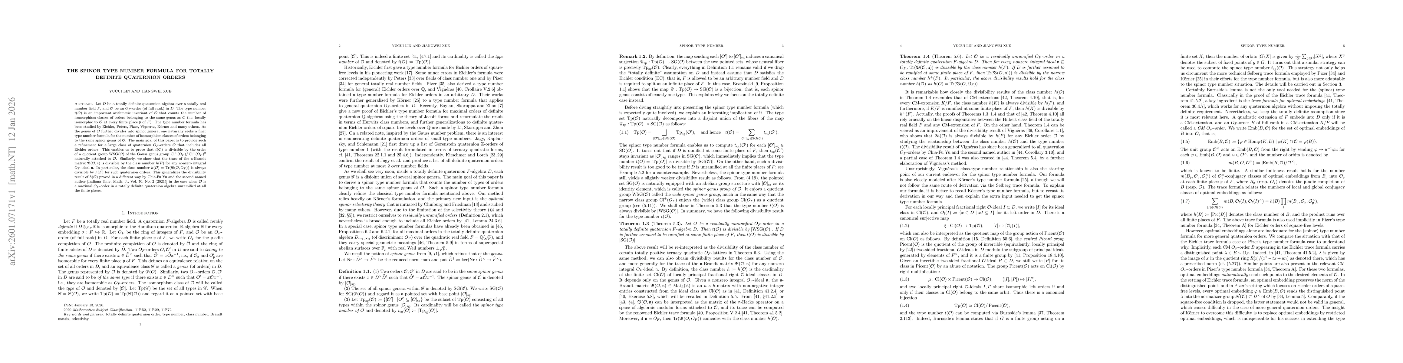 Thumbnail for The spinor type number formula for totally definite quaternion orders