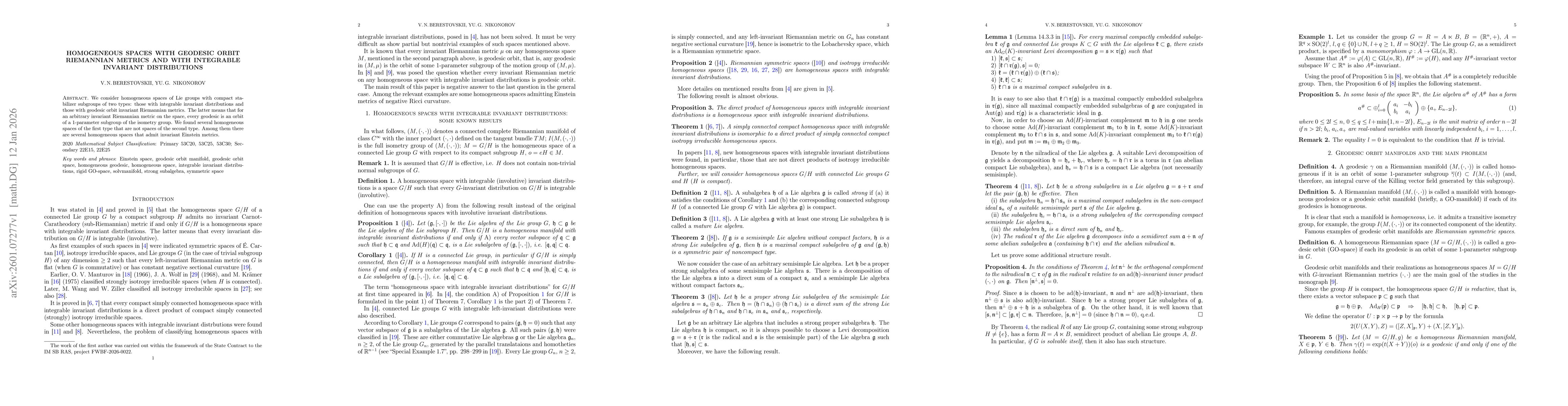 Thumbnail for Homogeneous spaces with geodesic orbit Riemannian metrics and with integrable invariant distributions