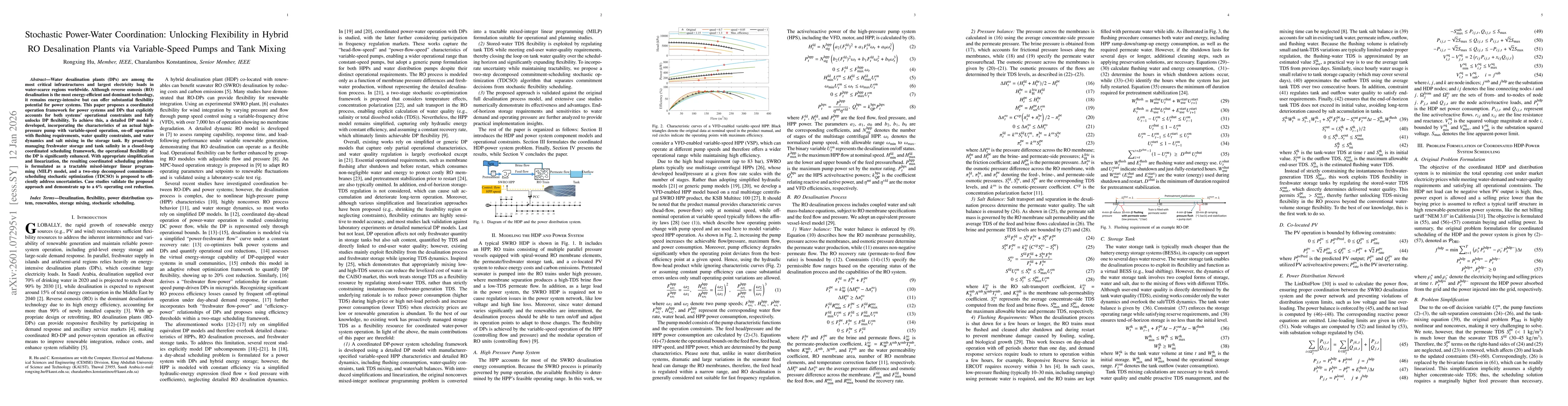 Thumbnail for Stochastic Power-Water Coordination: Unlocking Flexibility in Hybrid RO Desalination Plants via Variable-Speed Pumps and Tank Mixing