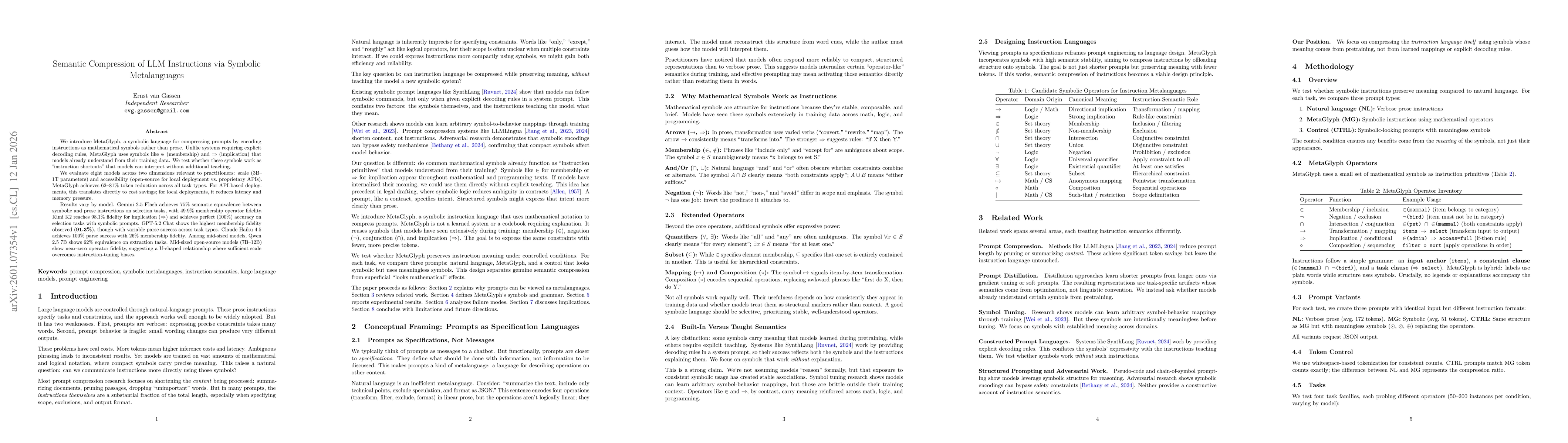 Thumbnail for Semantic Compression of LLM Instructions via Symbolic Metalanguages