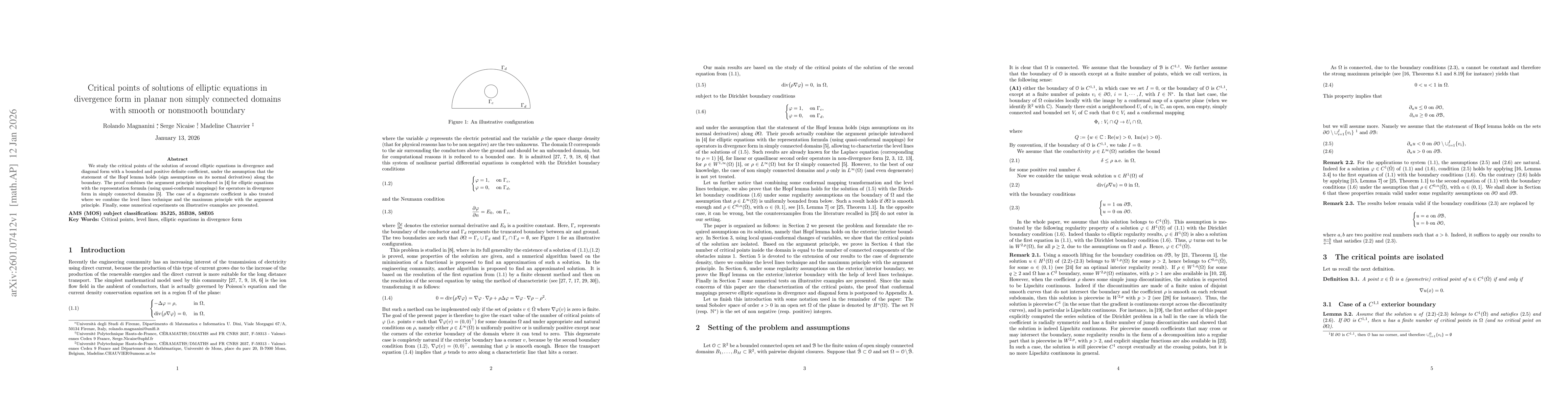 Thumbnail for Critical points of solutions of elliptic equations in divergence form in planar non simply connected domains with smooth or nonsmooth boundary