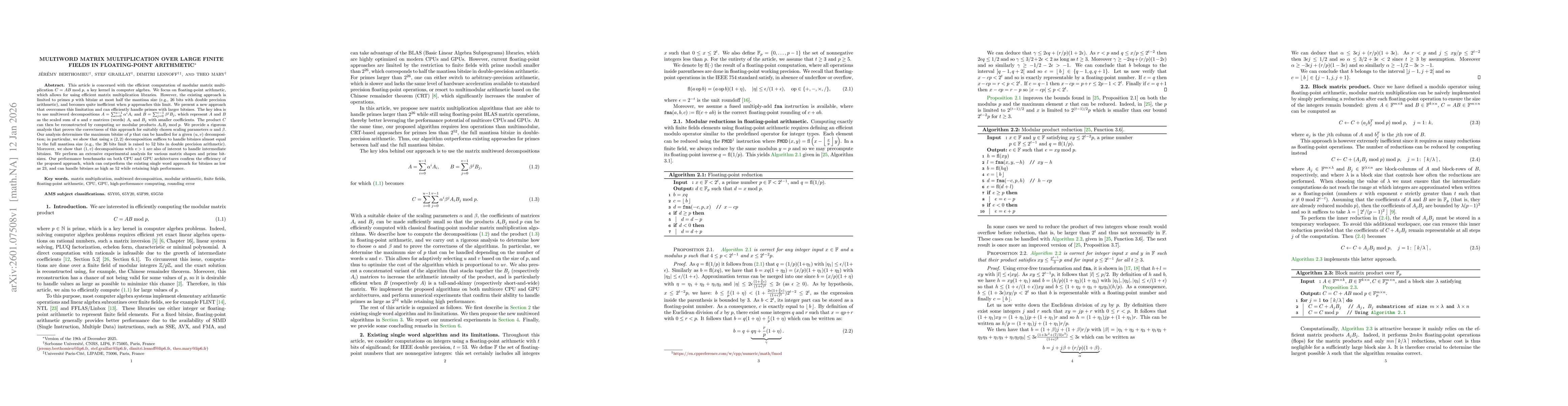 Thumbnail for Multiword matrix multiplication over large finite fields in floating-point arithmetic