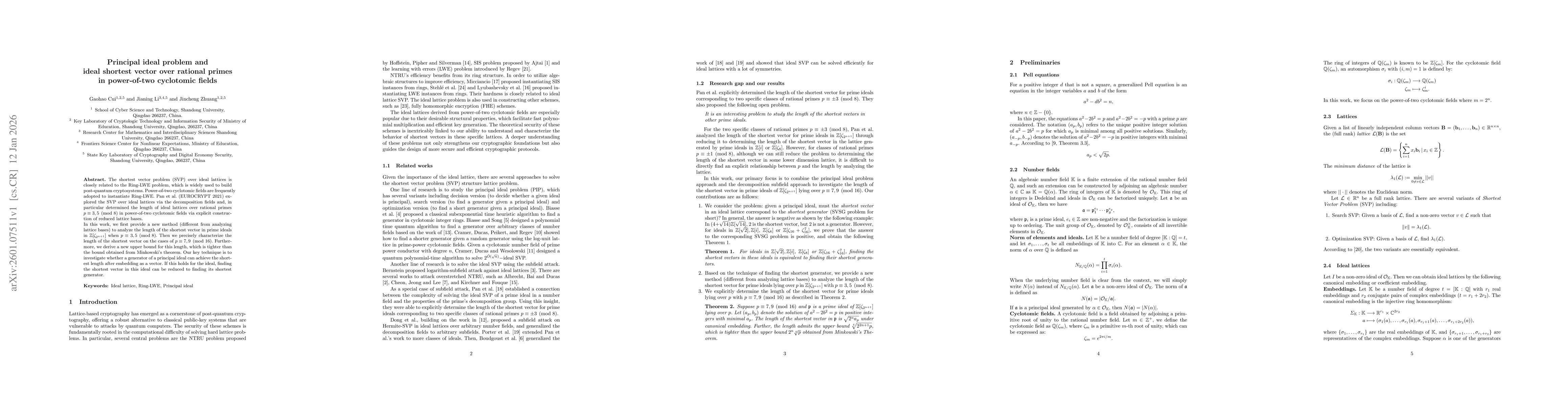 Thumbnail for Principal ideal problem and ideal shortest vector over rational primes in power-of-two cyclotomic fields