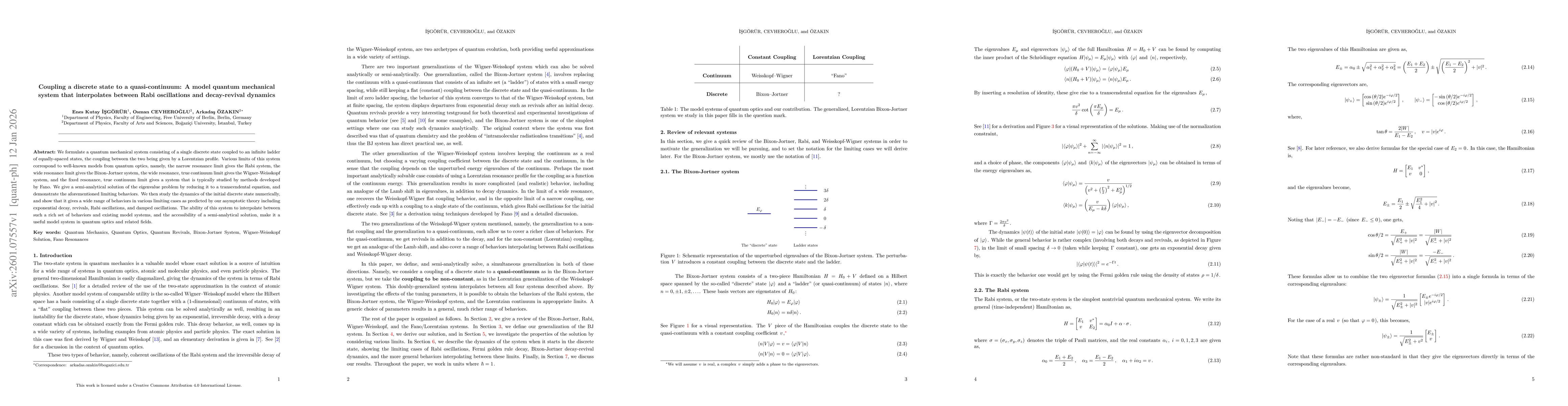 Thumbnail for Coupling a discrete state to a quasi-continuum: A model quantum mechanical system that interpolates between Rabi oscillations and decay-revival dynamics