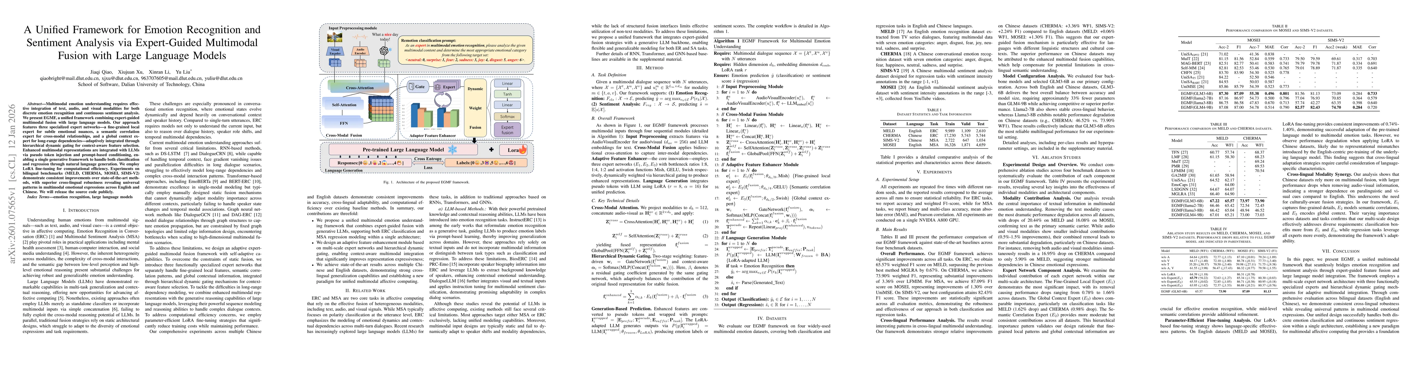 Thumbnail for A Unified Framework for Emotion Recognition and Sentiment Analysis via Expert-Guided Multimodal Fusion with Large Language Models