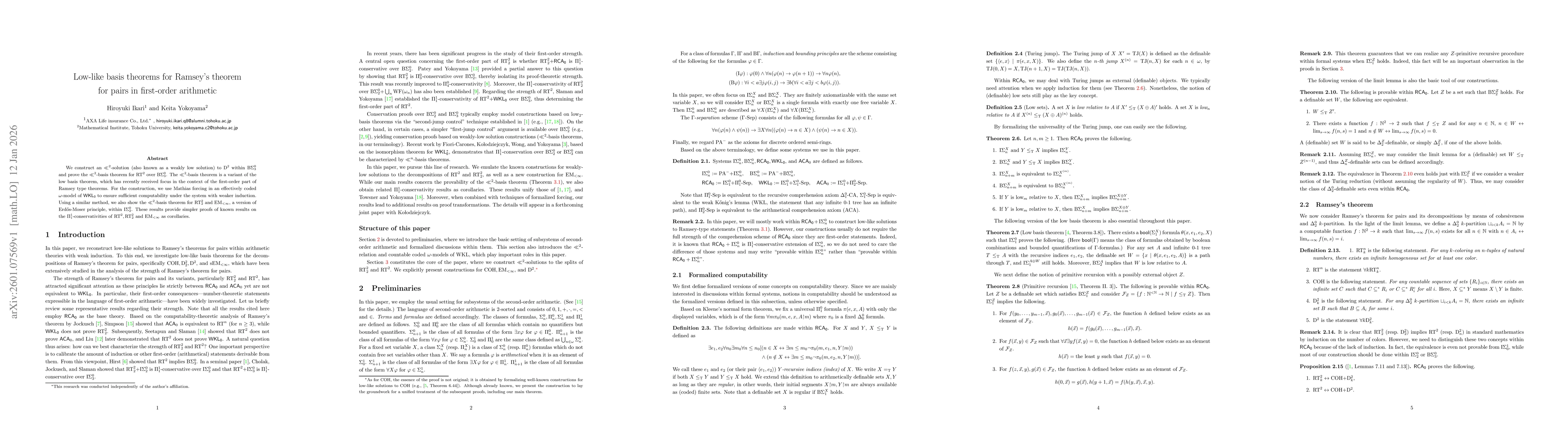 Thumbnail for Low-like basis theorems for Ramsey's theorem for pairs in first-order arithmetic