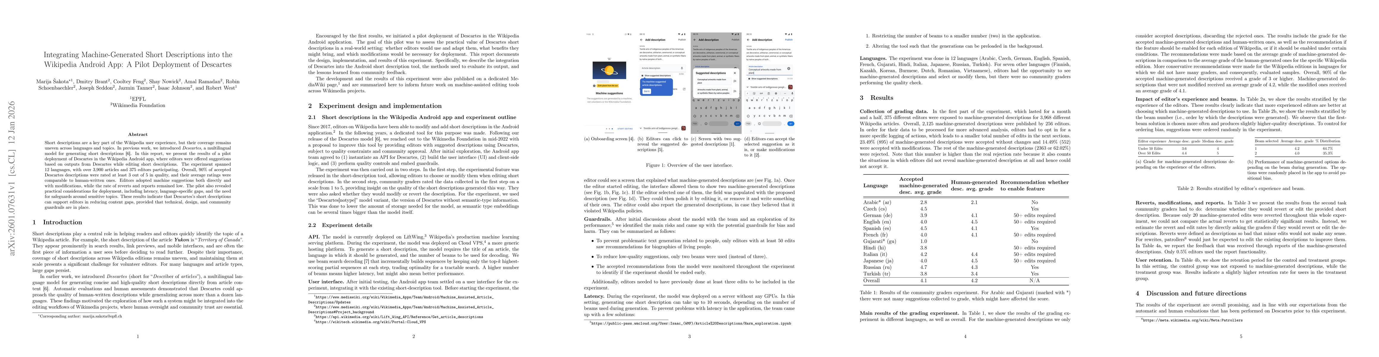 Thumbnail for Integrating Machine-Generated Short Descriptions into the Wikipedia Android App: A Pilot Deployment of Descartes