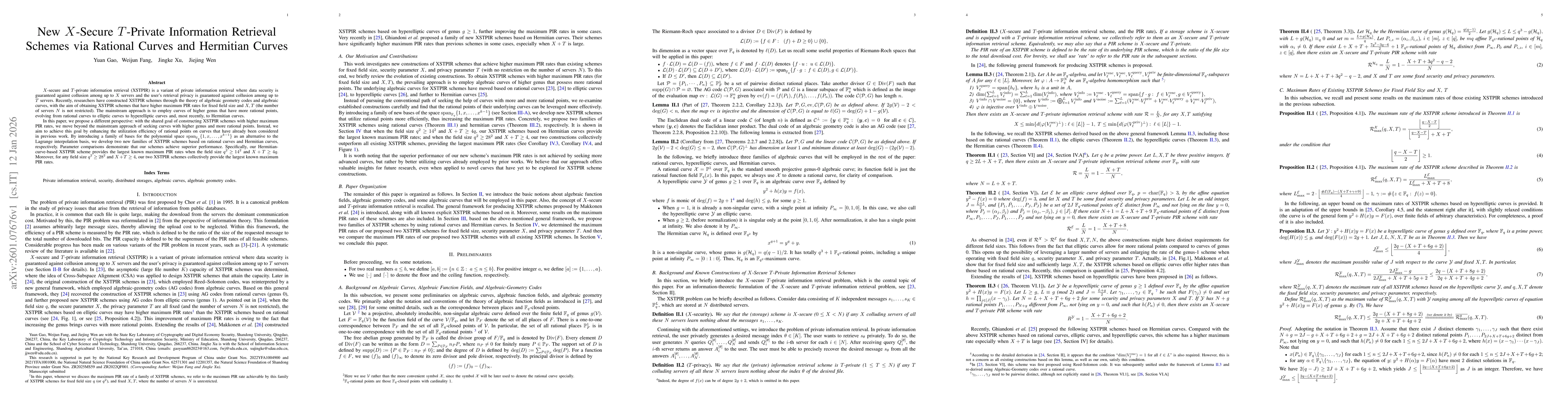Thumbnail for New $X$-Secure $T$-Private Information Retrieval Schemes via Rational Curves and Hermitian Curves