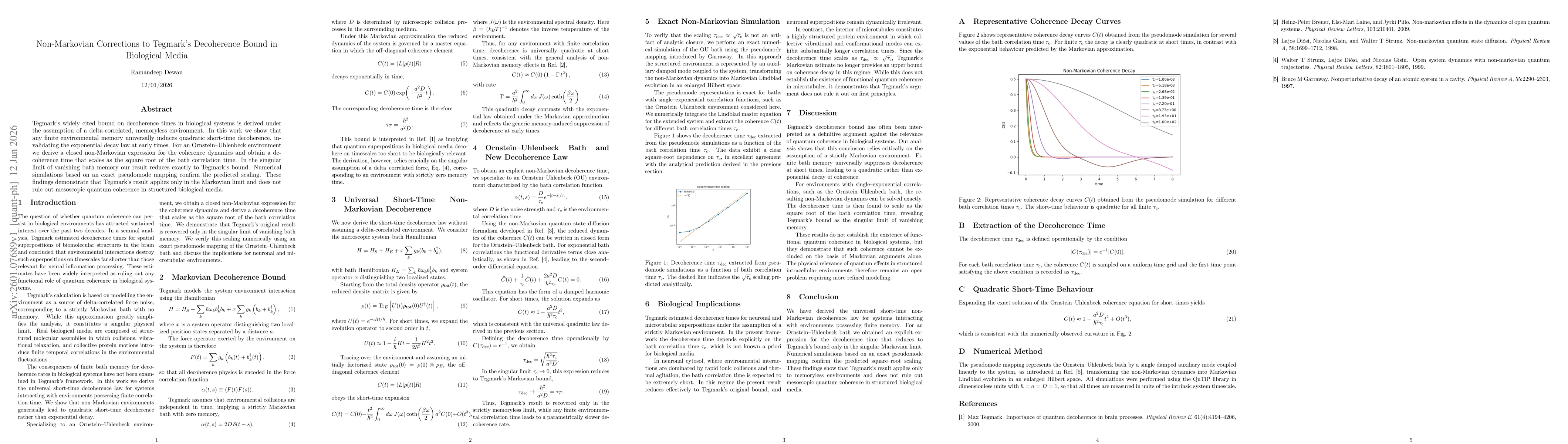 Thumbnail for Non Markovian Corrections to Tegmark's Decoherence Bound in Biological Media