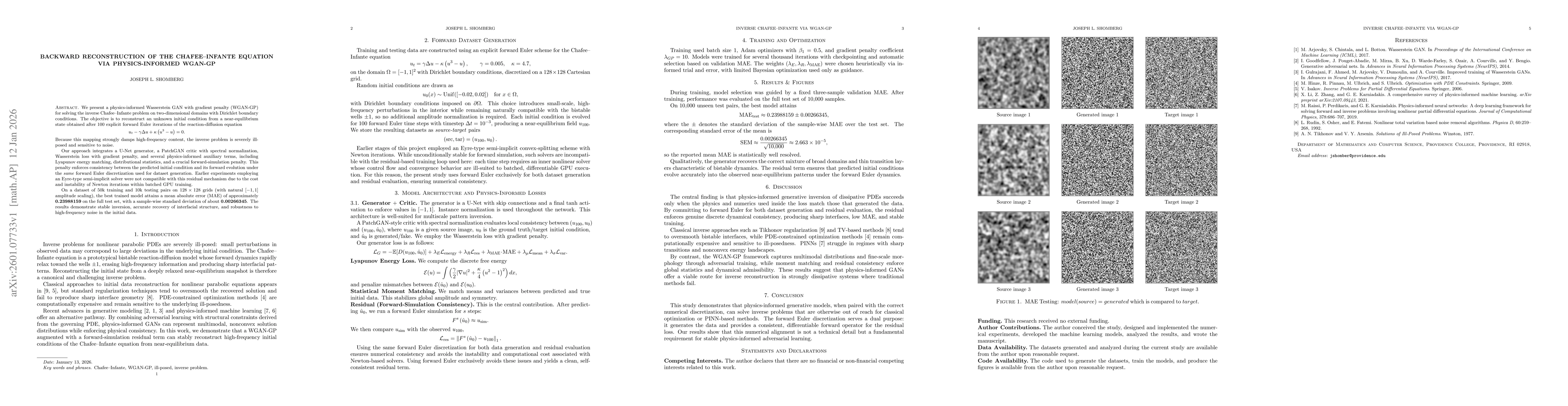 Thumbnail for Backward Reconstruction of the Chafee--Infante Equation via Physics-Informed WGAN-GP