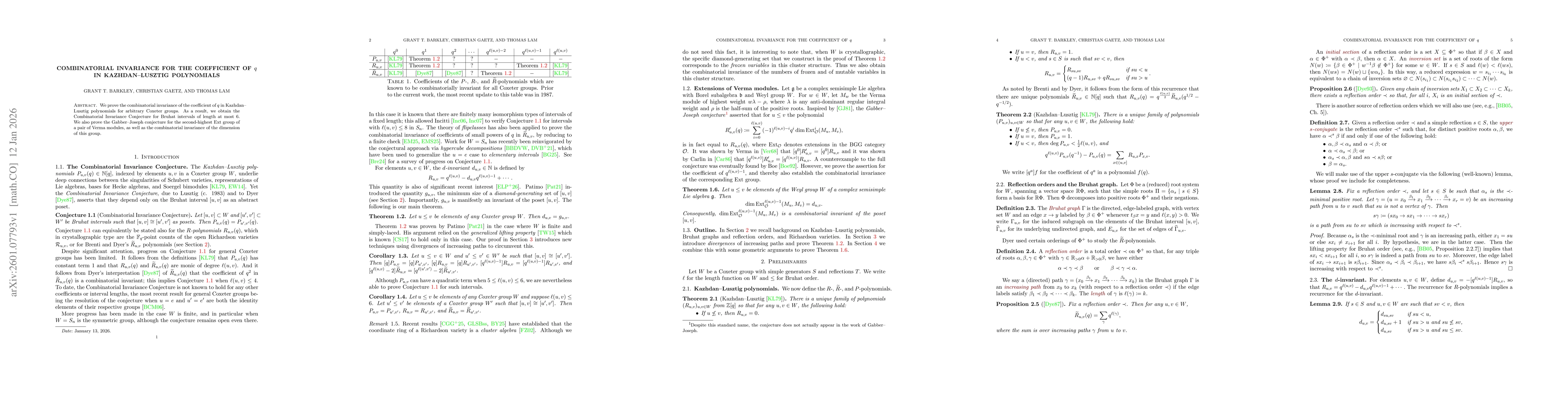 Thumbnail for Combinatorial invariance for the coefficient of $q$ in Kazhdan-Lusztig polynomials