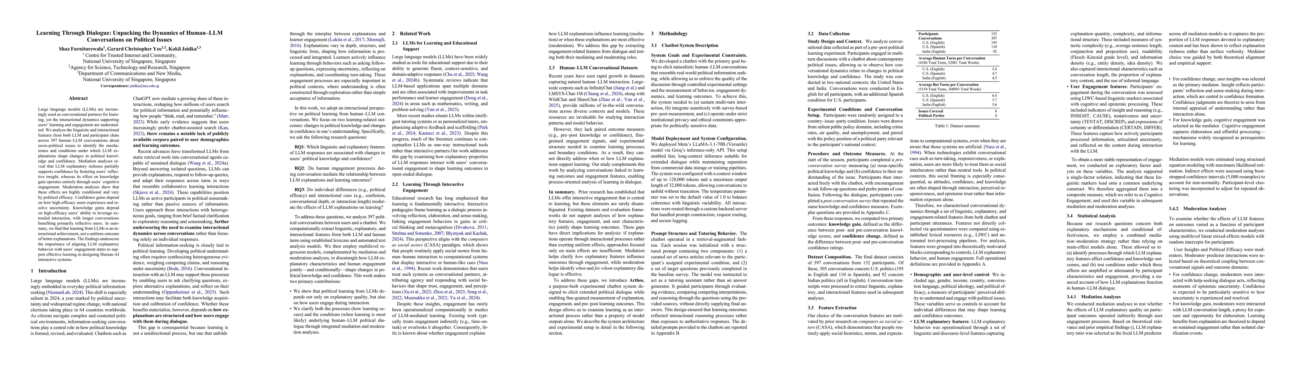 Thumbnail for Learning Through Dialogue: Unpacking the Dynamics of Human-LLM Conversations on Political Issues
