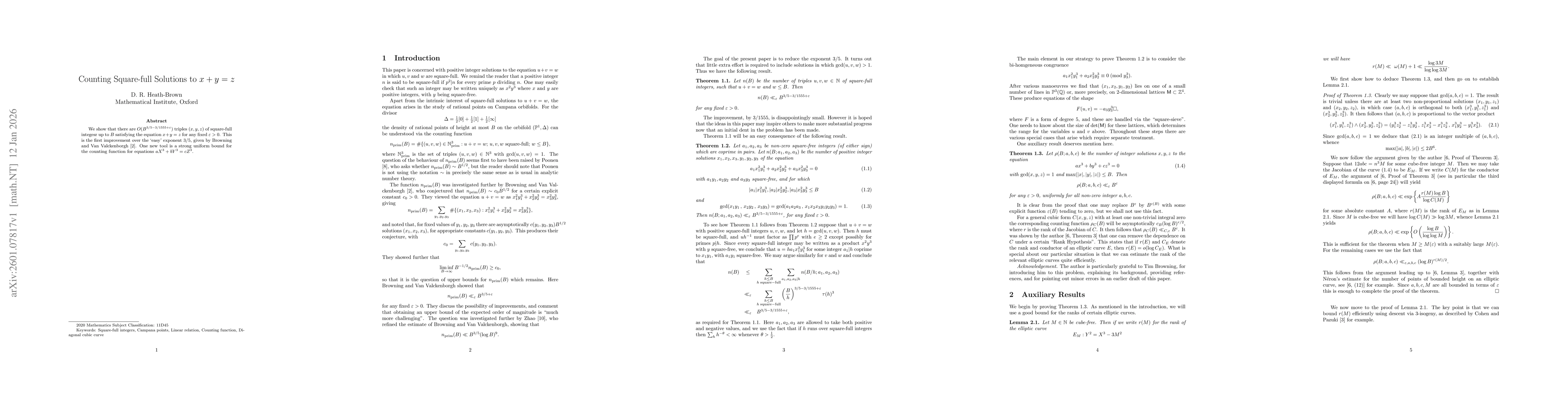 Thumbnail for Counting Square-full Solutions to $x+y=z$