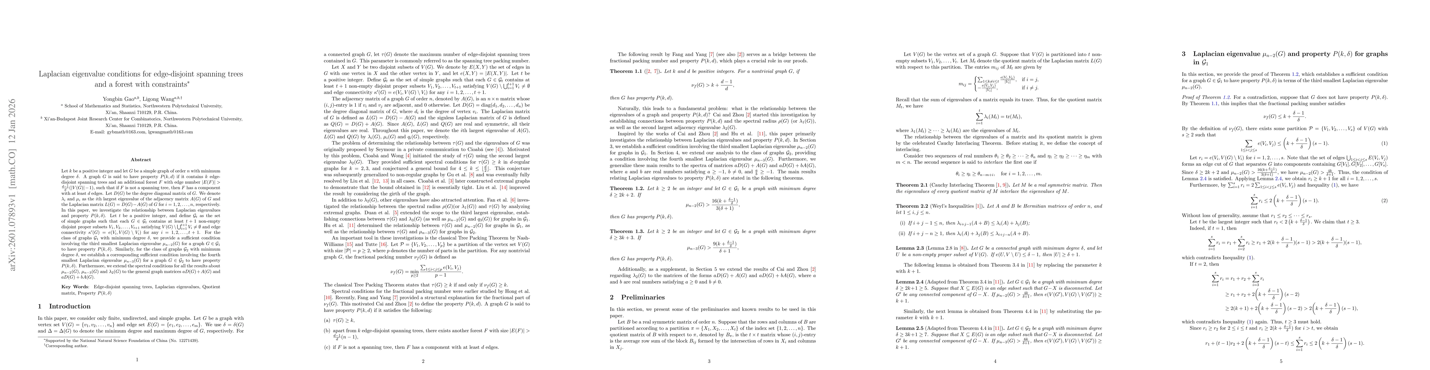 Thumbnail for Laplacian eigenvalue conditions for edge-disjoint spanning trees and a forest with constraints