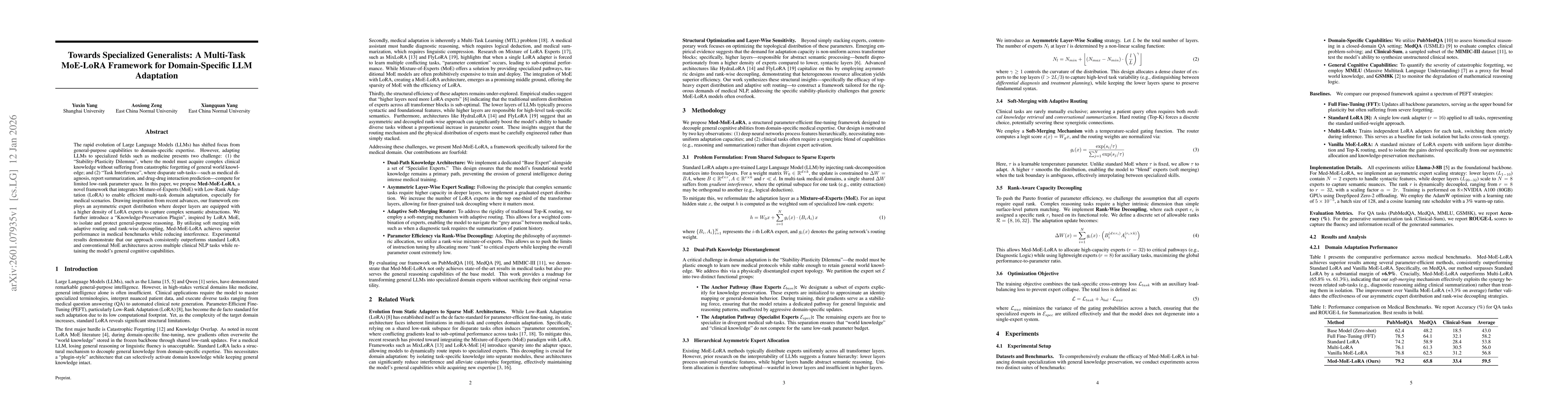 Thumbnail for Towards Specialized Generalists: A Multi-Task MoE-LoRA Framework for Domain-Specific LLM Adaptation