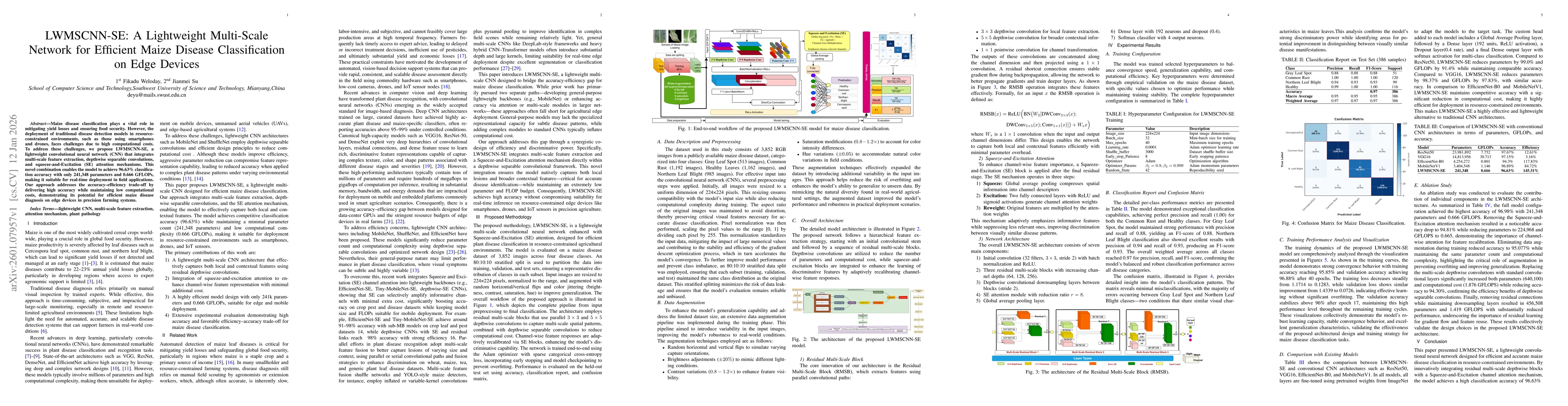 Thumbnail for LWMSCNN-SE: A Lightweight Multi-Scale Network for Efficient Maize Disease Classification on Edge Devices