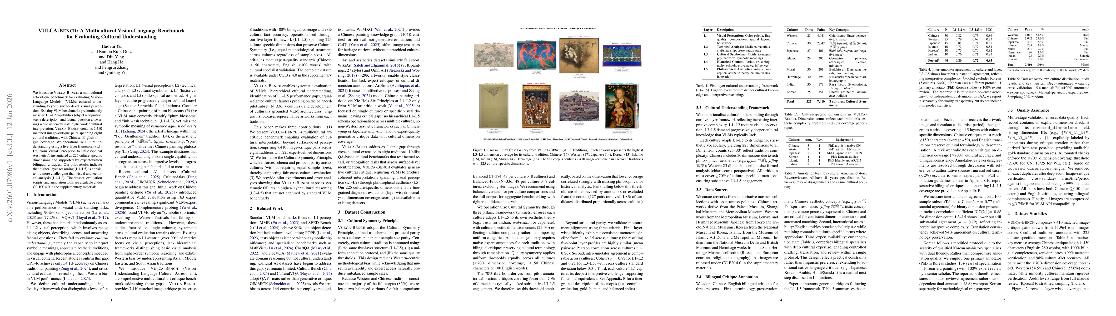 Thumbnail for VULCA-Bench: A Multicultural Vision-Language Benchmark for Evaluating Cultural Understanding