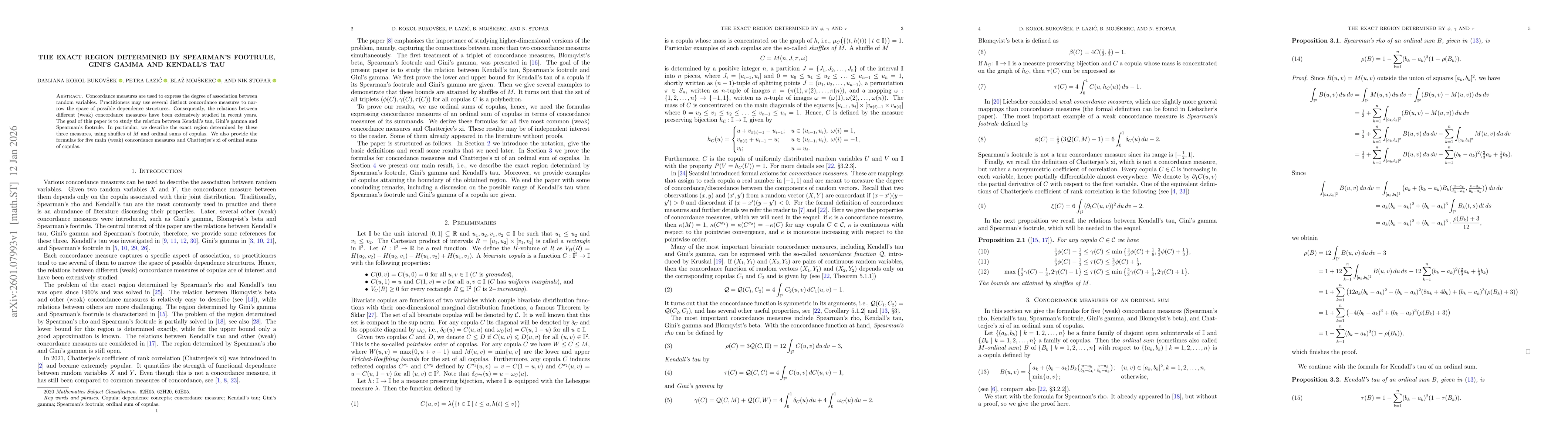 Thumbnail for The exact region determined by Spearman's footrule, Gini's gamma and Kendall's tau