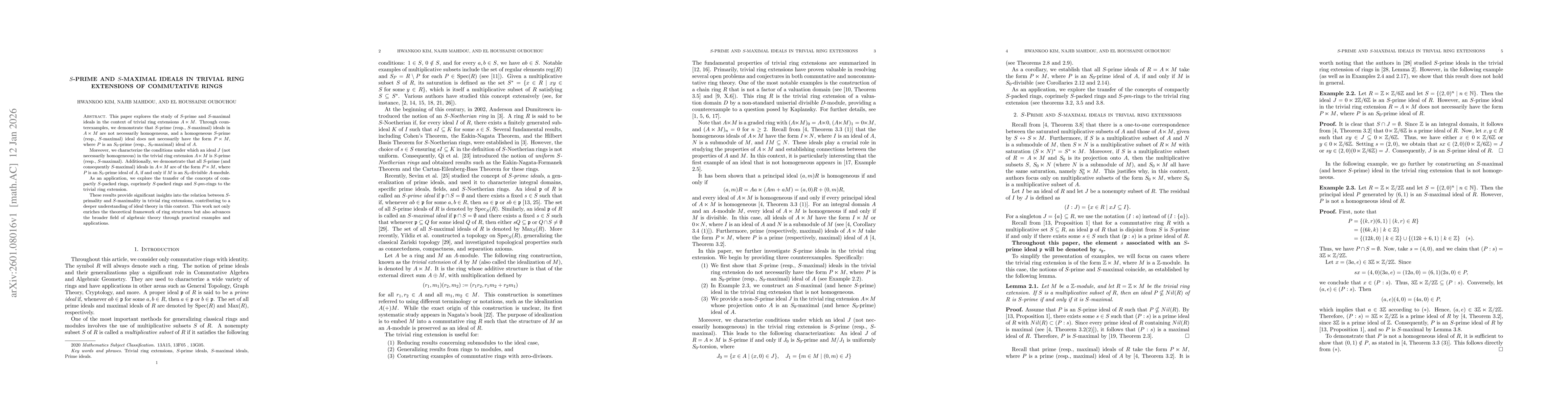 Thumbnail for $S$-Prime and $S$-maximal ideals in trivial ring extensions of commutative rings