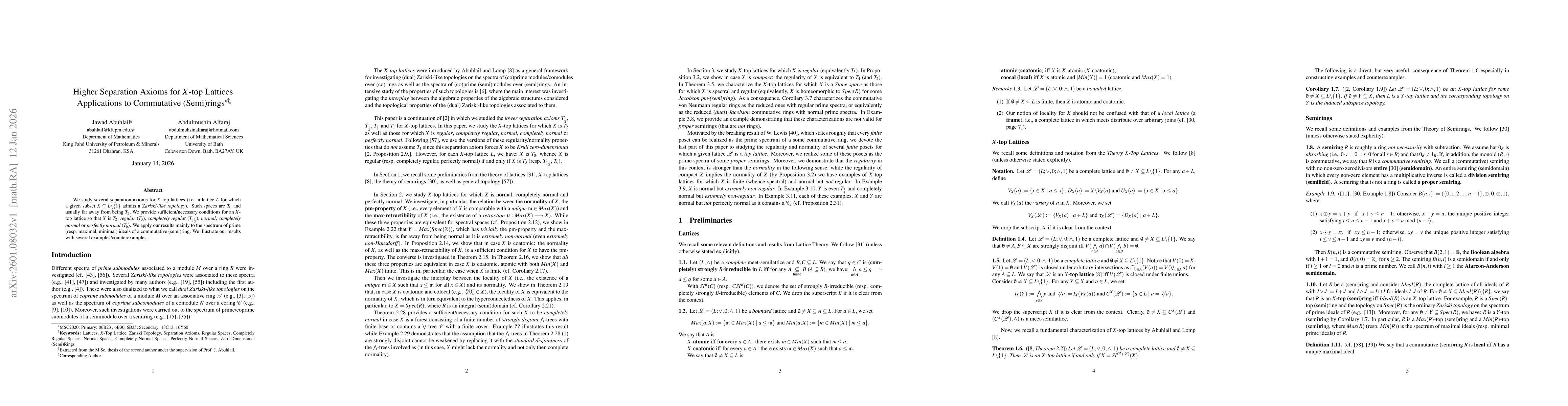 Thumbnail for Higher Separation Axioms for $X$-top Lattices Applications to Commutative (Semi)rings