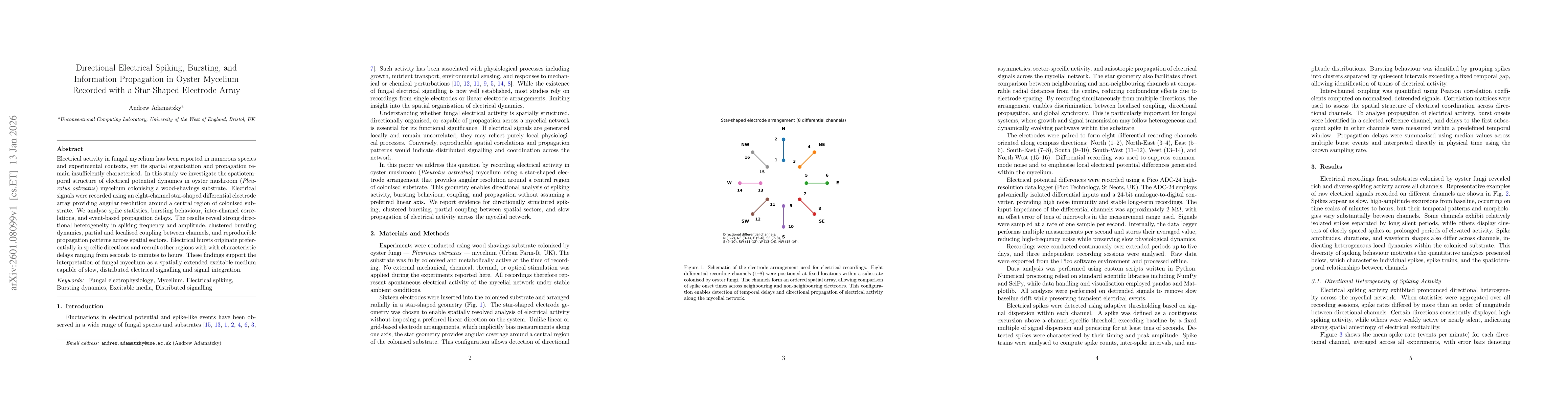 Thumbnail for Directional Electrical Spiking, Bursting, and Information Propagation in Oyster Mycelium Recorded with a Star-Shaped Electrode Array