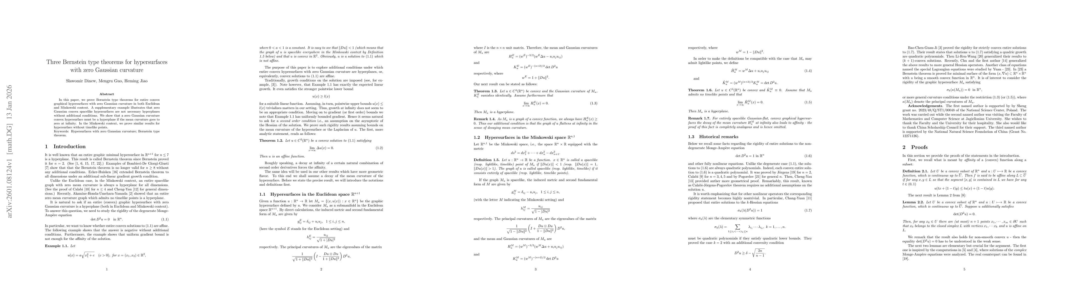 Thumbnail for Three Bernstein type theorems for hypersurfaces with zero Gaussian curvature