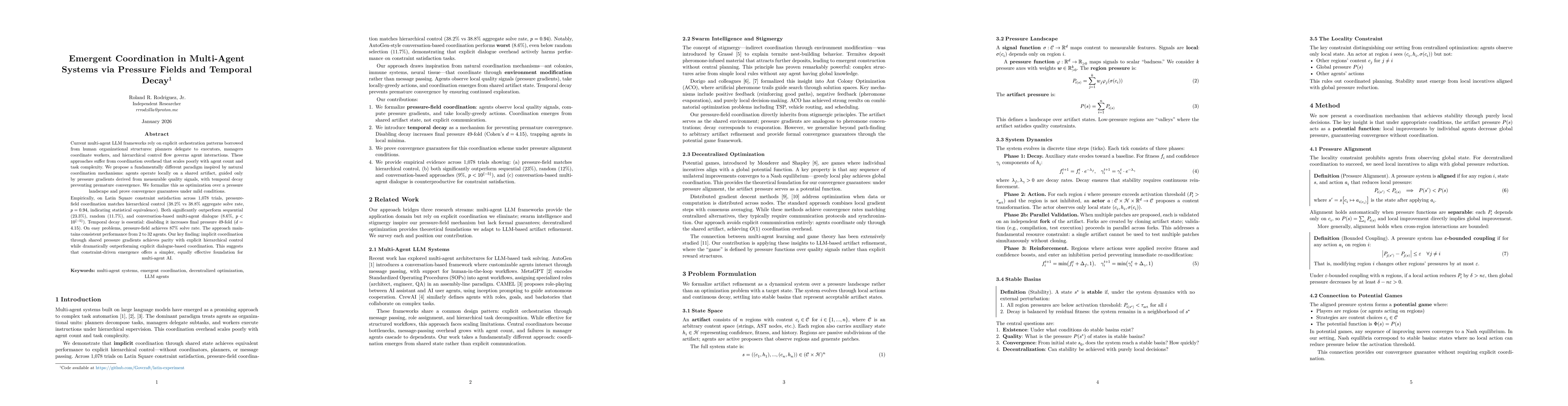 Thumbnail for Emergent Coordination in Multi-Agent Systems via Pressure Fields and Temporal Decay