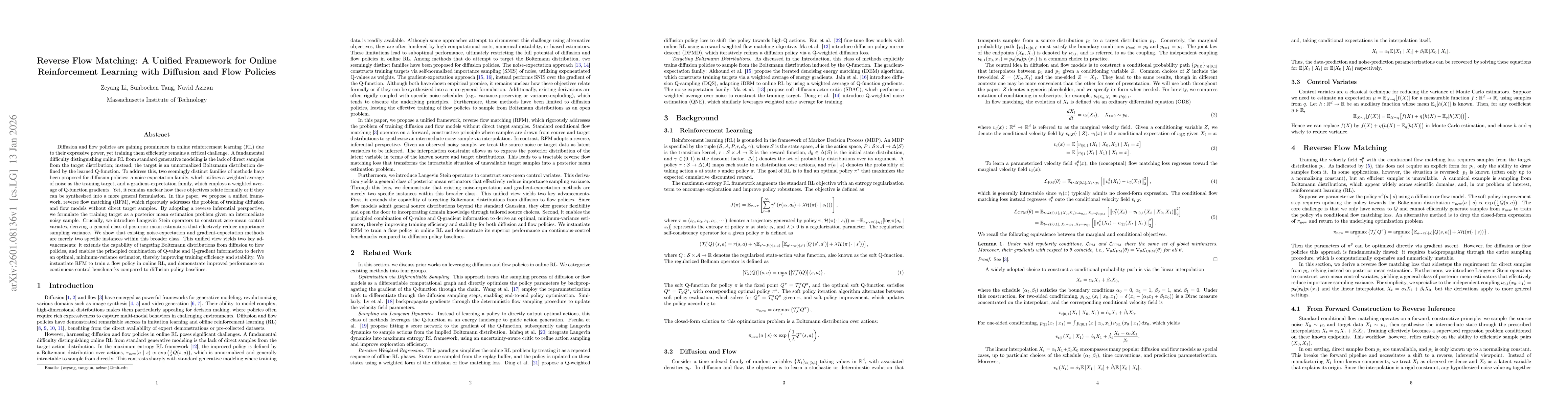 Thumbnail for Reverse Flow Matching: A Unified Framework for Online Reinforcement Learning with Diffusion and Flow Policies