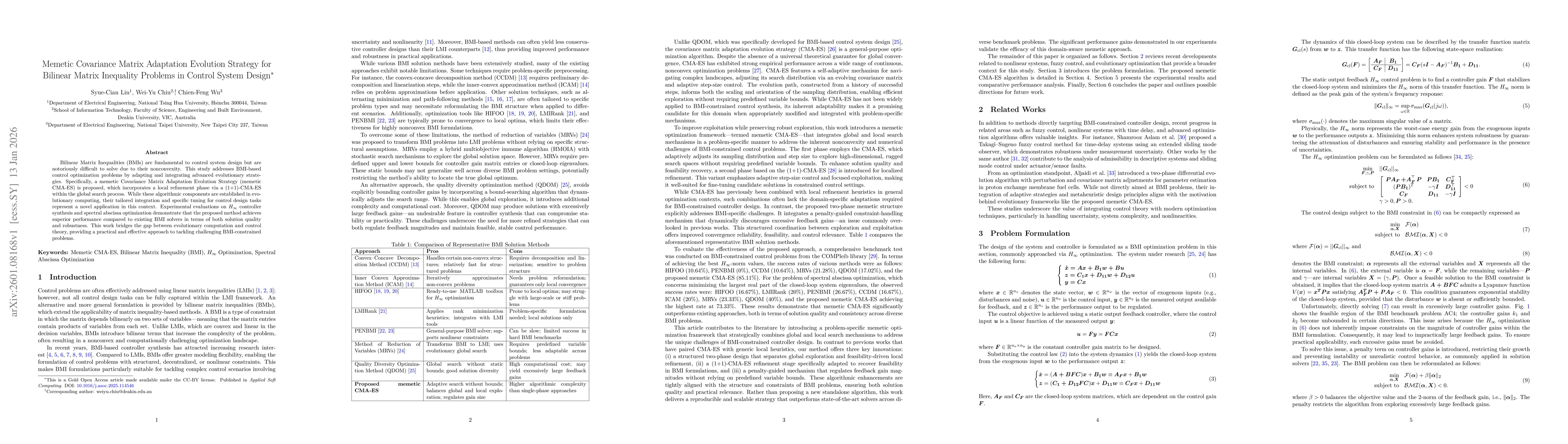 Thumbnail for Memetic Covariance Matrix Adaptation Evolution Strategy for Bilinear Matrix Inequality Problems in Control System Design