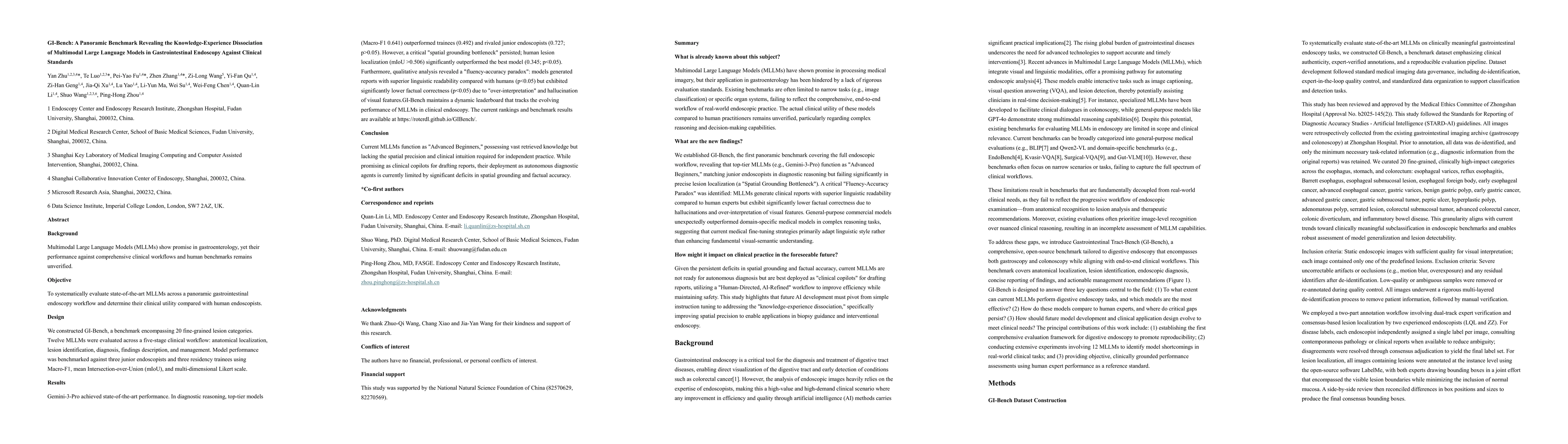 Thumbnail for GI-Bench: A Panoramic Benchmark Revealing the Knowledge-Experience Dissociation of Multimodal Large Language Models in Gastrointestinal Endoscopy Against Clinical Standards