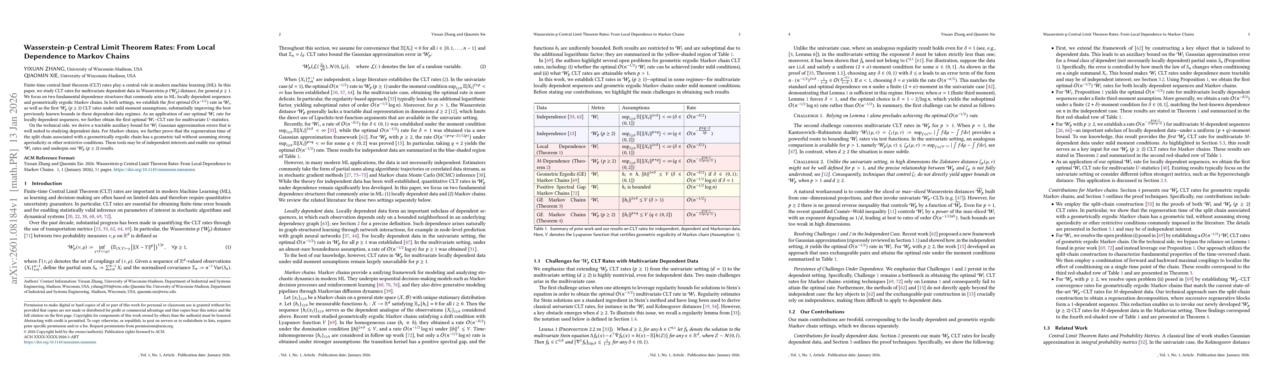 Thumbnail for Wasserstein-p Central Limit Theorem Rates: From Local Dependence to Markov Chains