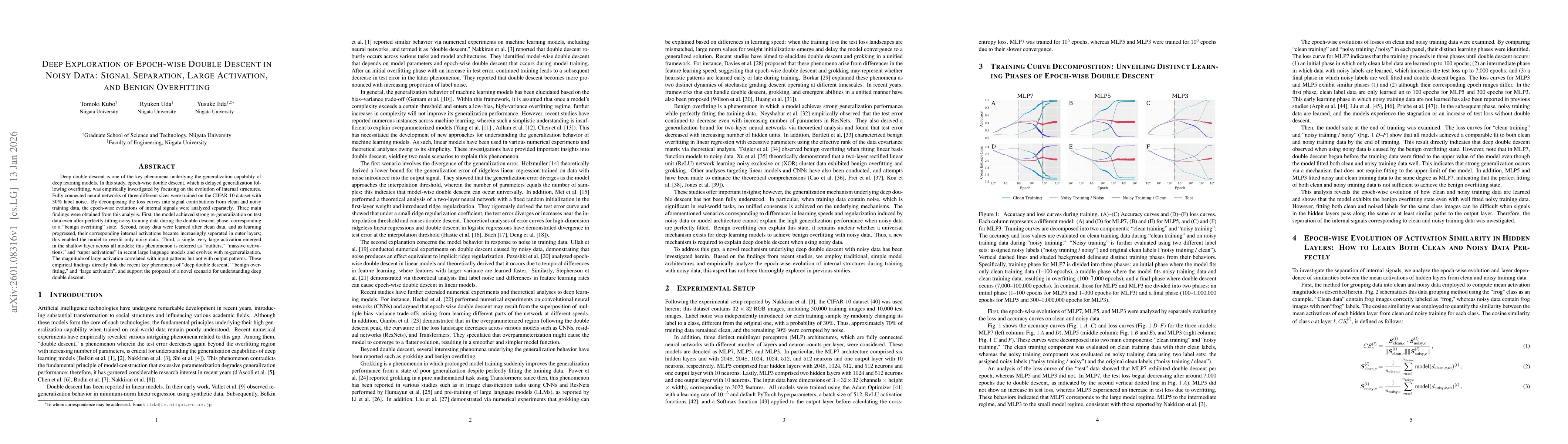 Thumbnail for Deep Exploration of Epoch-wise Double Descent in Noisy Data: Signal Separation, Large Activation, and Benign Overfitting