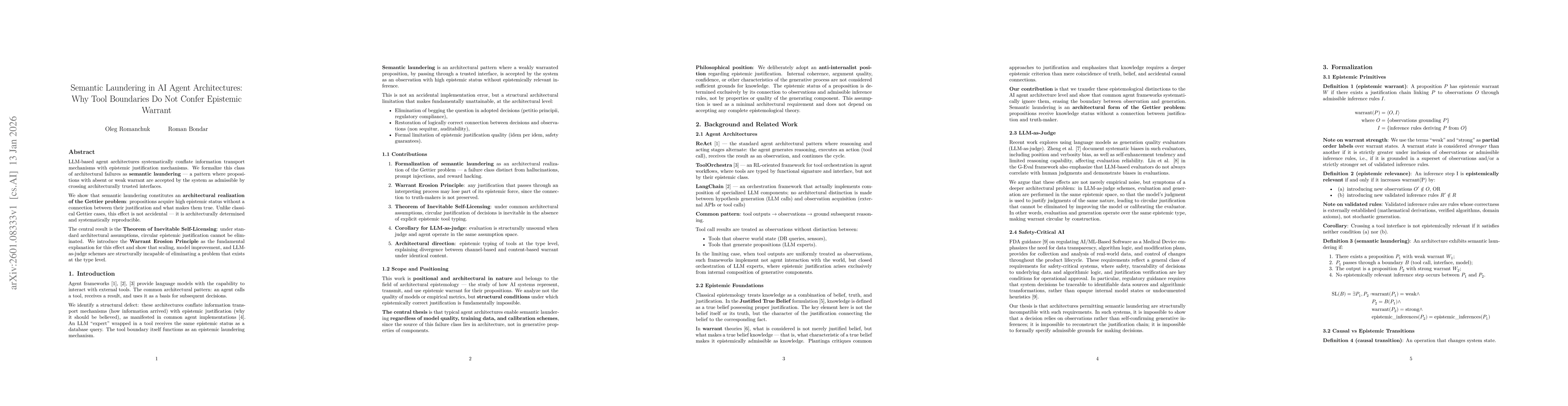 Thumbnail for Semantic Laundering in AI Agent Architectures: Why Tool Boundaries Do Not Confer Epistemic Warrant