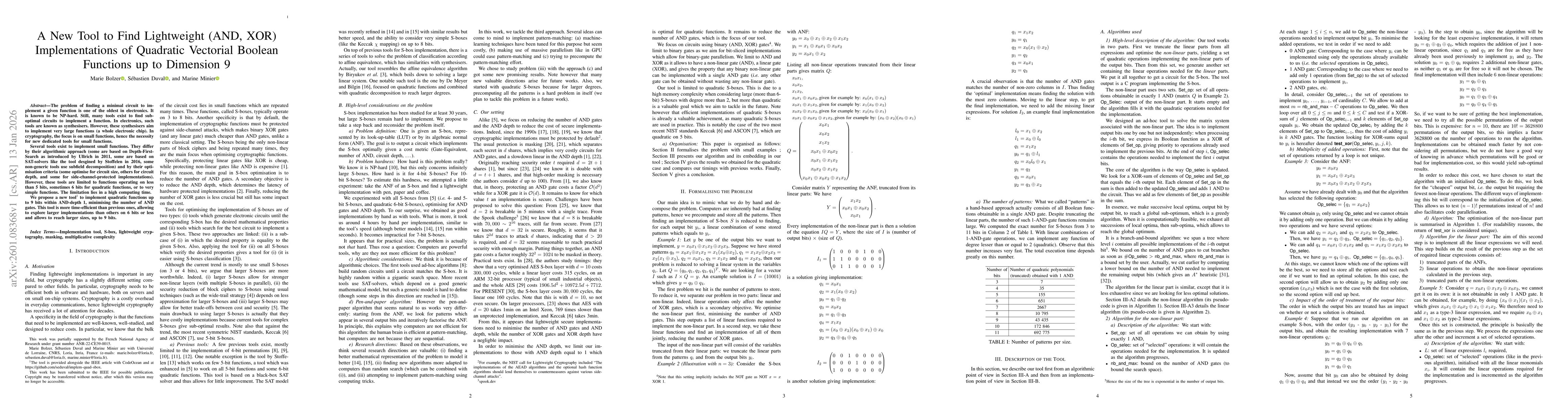 Thumbnail for A New Tool to Find Lightweight (And, Xor) Implementations of Quadratic Vectorial Boolean Functions up to Dimension 9