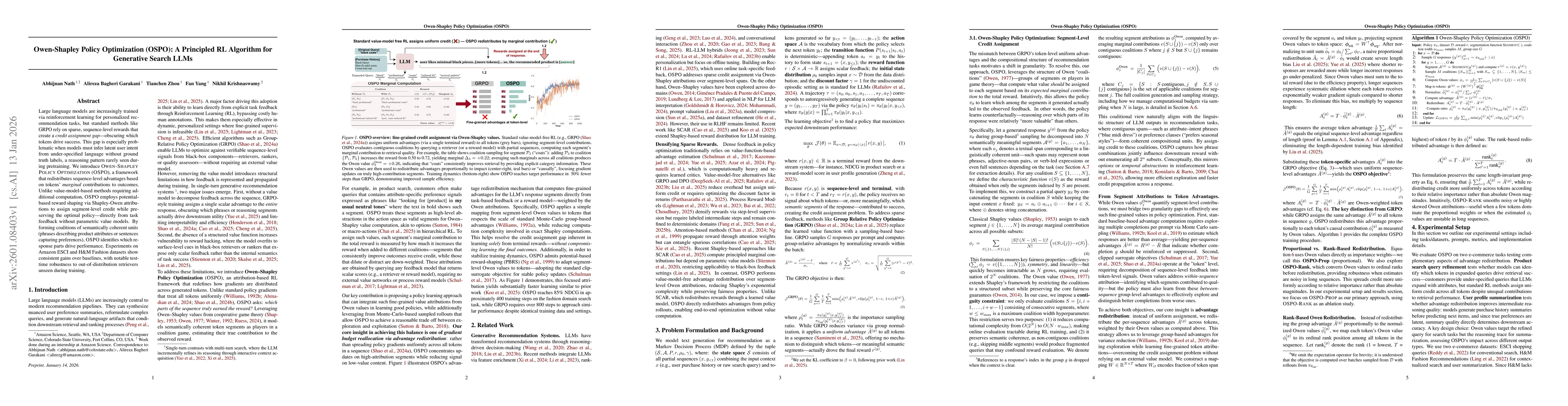 Thumbnail for Owen-Shapley Policy Optimization (OSPO): A Principled RL Algorithm for Generative Search LLMs