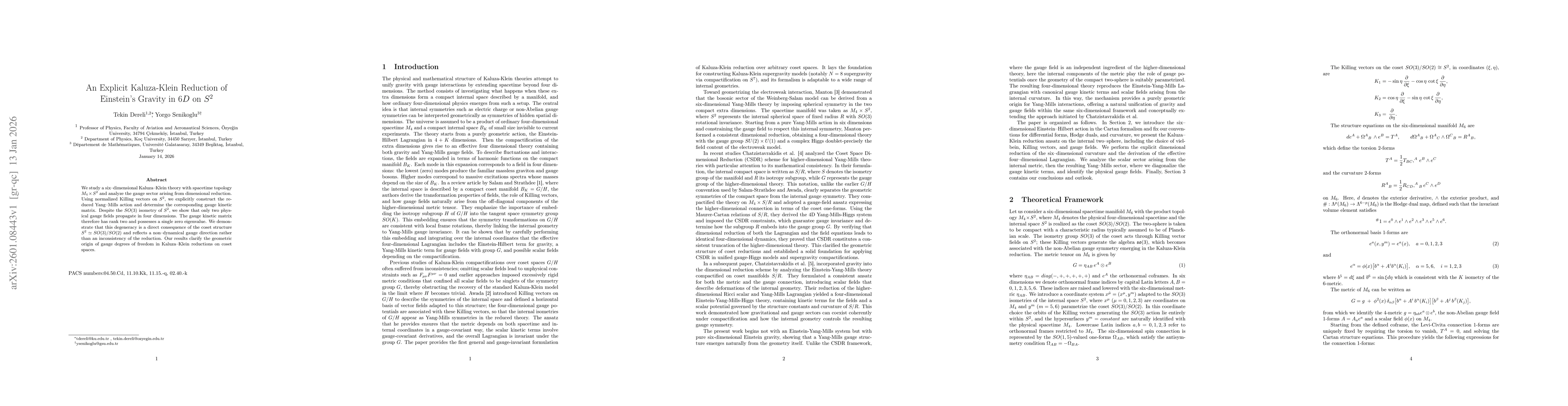 Thumbnail for An Explicit Kaluza-Klein Reduction of Einstein's Gravity in $6D$ on $S^2$