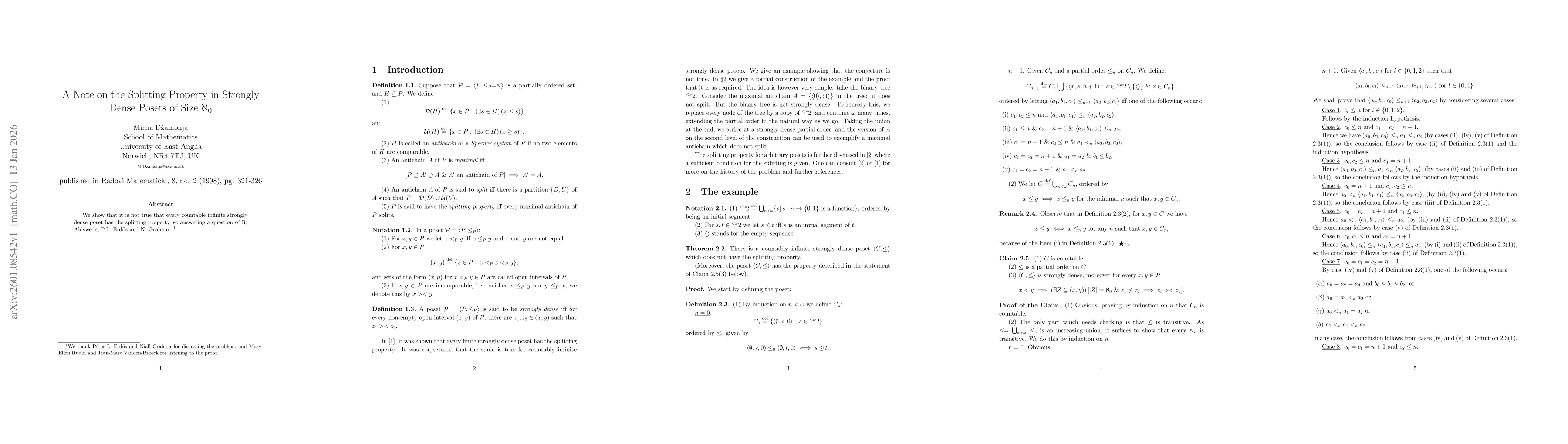 Thumbnail for Note on the Splitting Property in Strongly Dense Posets of Size $\aleph_0$