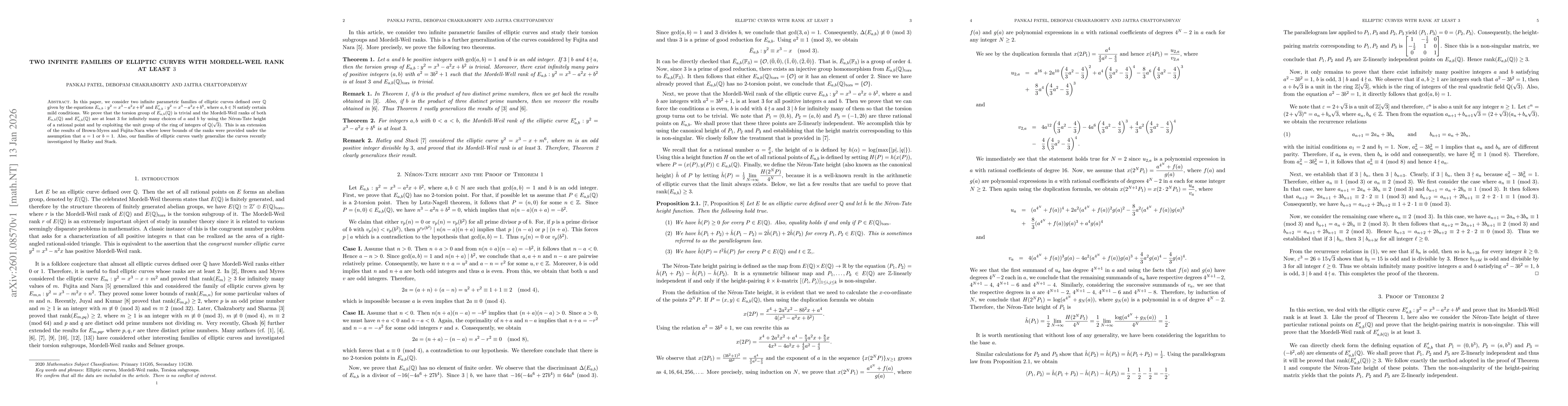 Thumbnail for Two infinite families of elliptic curves with Mordell-Weil rank at least $3$