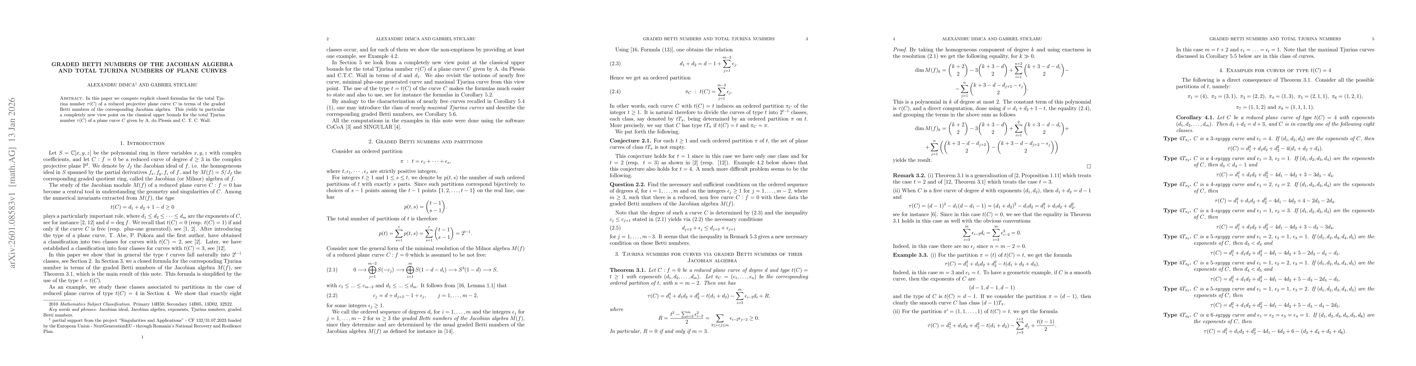 Thumbnail for Graded Betti numbers of the Jacobian algebra and total Tjurina numbers of plane curves