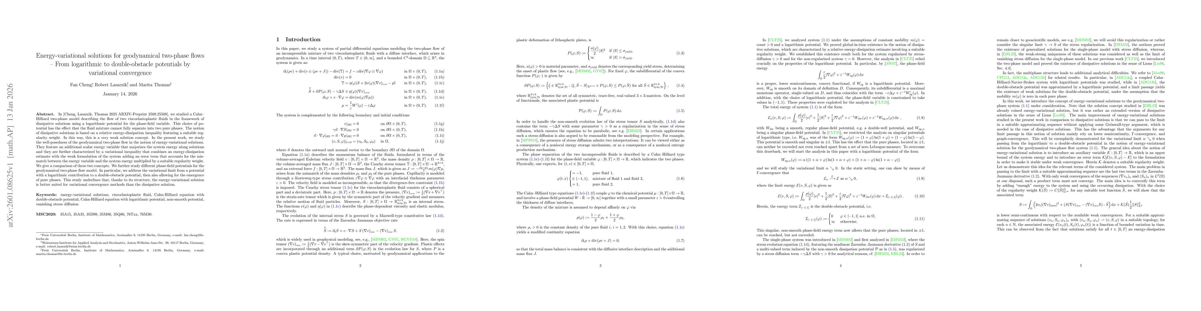 Thumbnail for Energy-variational solutions for geodynamical two-phase flows -- From logarithmic to double-obstacle potentials by variational convergence