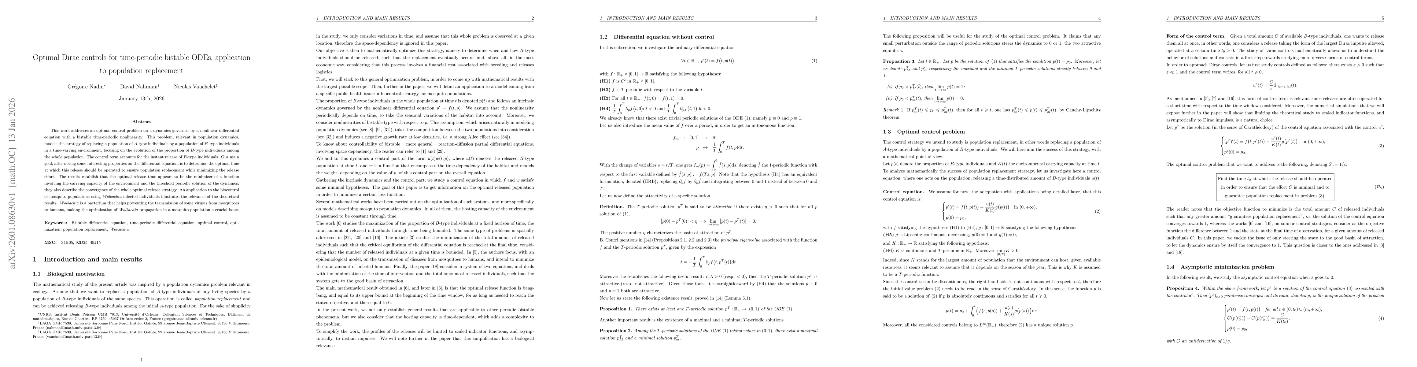 Thumbnail for Optimal Dirac controls for time-periodic bistable ODEs, application to population replacement