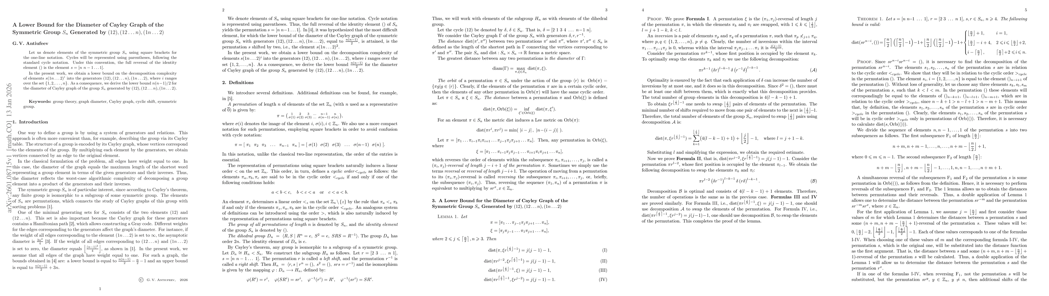Thumbnail for A Lower Bound for the Diameter of Cayley Graph of the Symmetric Group $S_n$ Generated by $(12), (12 \dots n), (1n \dots 2)$