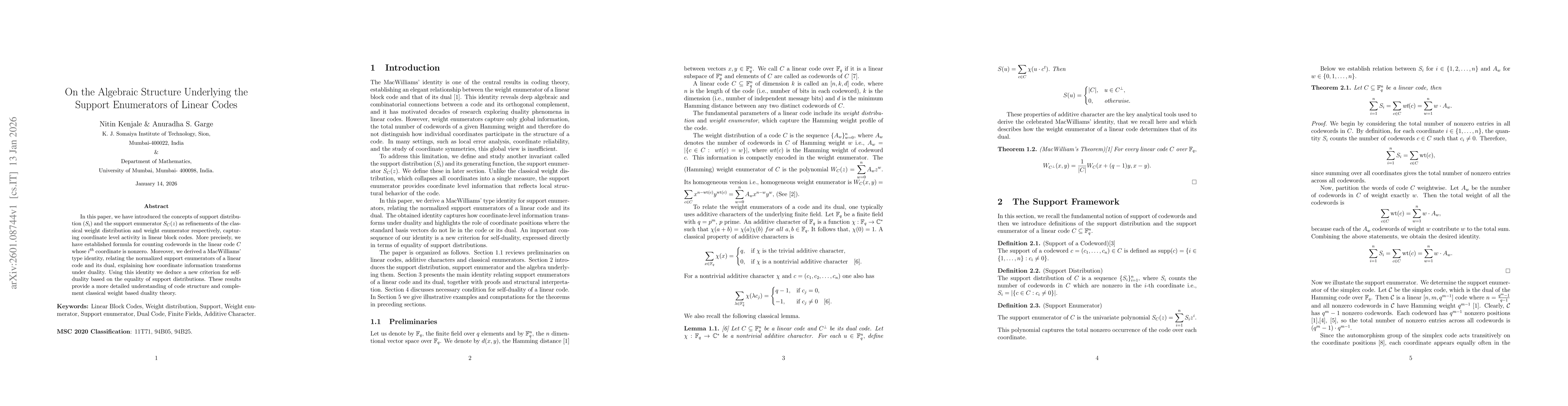 Thumbnail for On the Algebraic Structure Underlying the Support Enumerators of Linear Codes