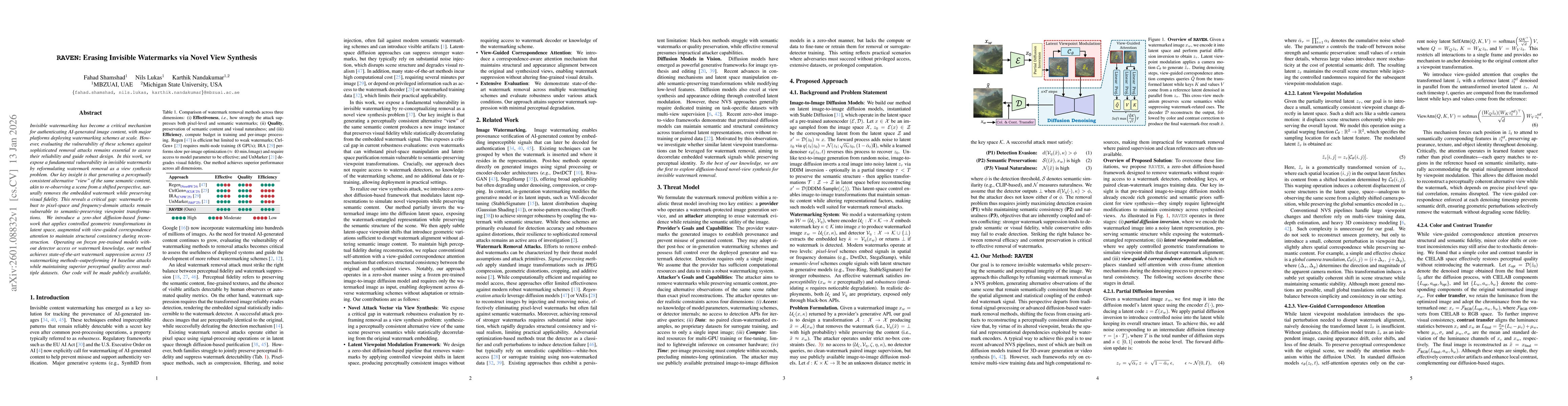Thumbnail for RAVEN: Erasing Invisible Watermarks via Novel View Synthesis