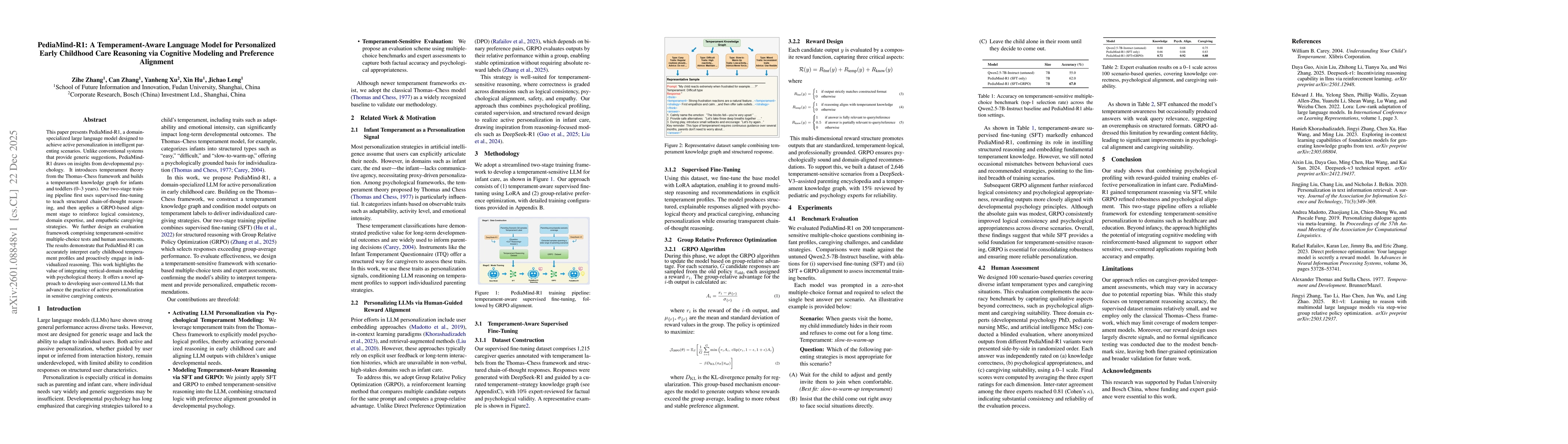 Thumbnail for PediaMind-R1: A Temperament-Aware Language Model for Personalized Early Childhood Care Reasoning via Cognitive Modeling and Preference Alignment