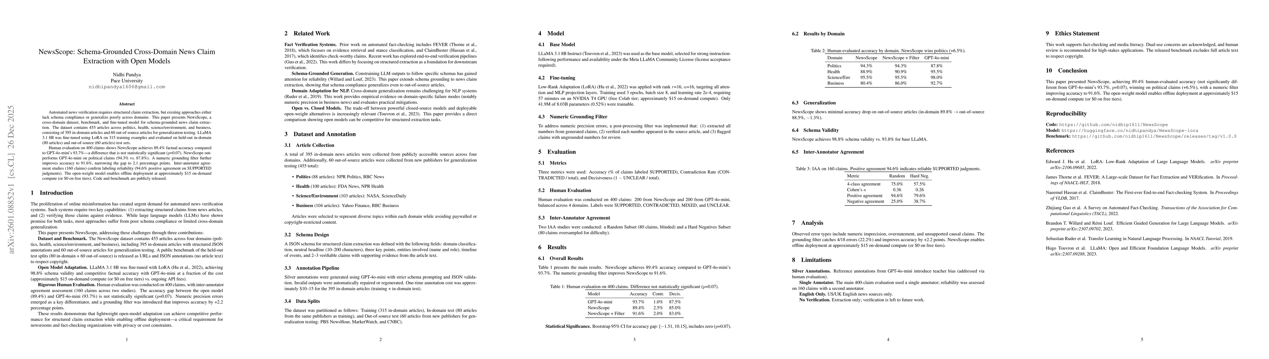 Thumbnail for NewsScope: Schema-Grounded Cross-Domain News Claim Extraction with Open Models
