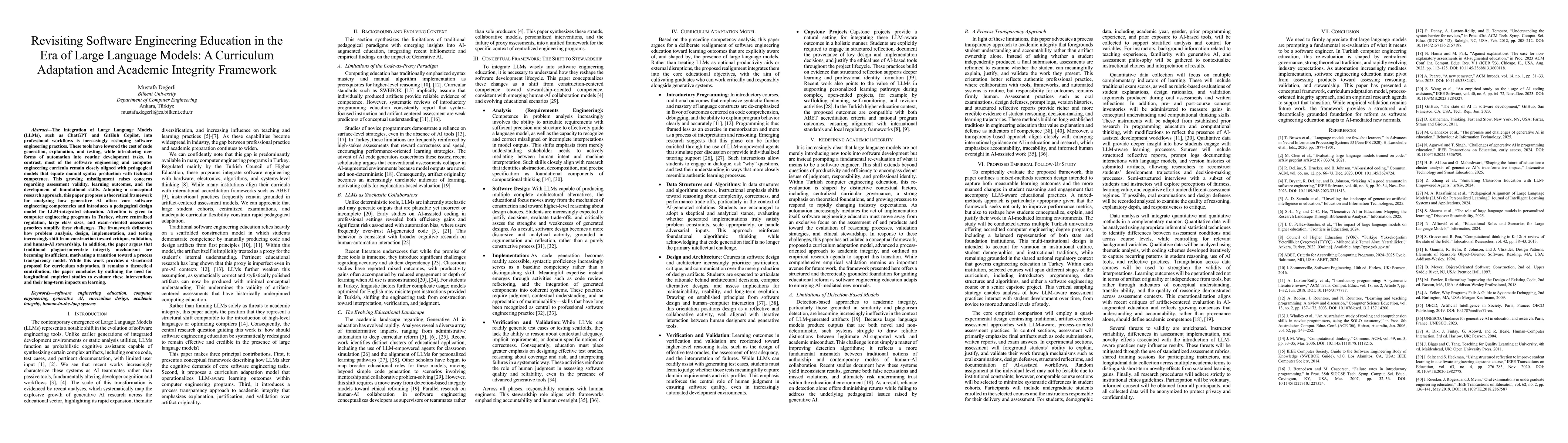 Thumbnail for Revisiting Software Engineering Education in the Era of Large Language Models: A Curriculum Adaptation and Academic Integrity Framework