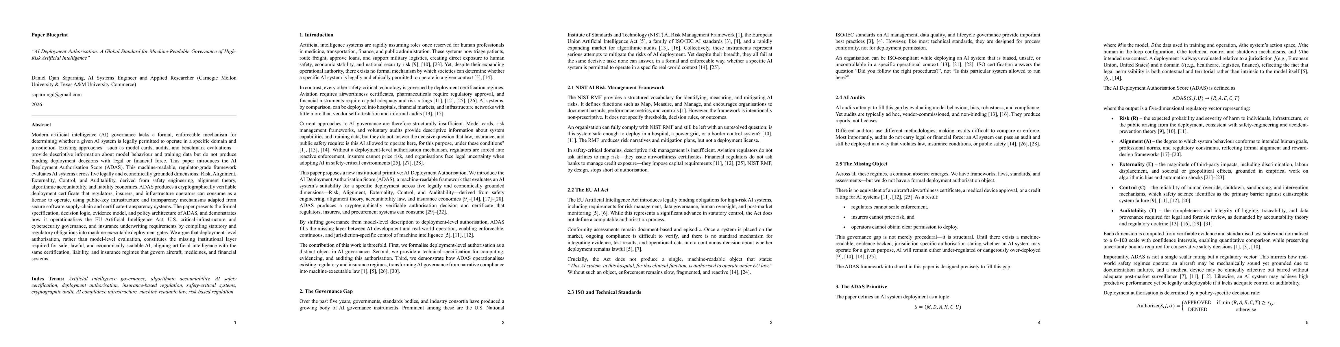 Thumbnail for AI Deployment Authorisation: A Global Standard for Machine-Readable Governance of High-Risk Artificial Intelligence